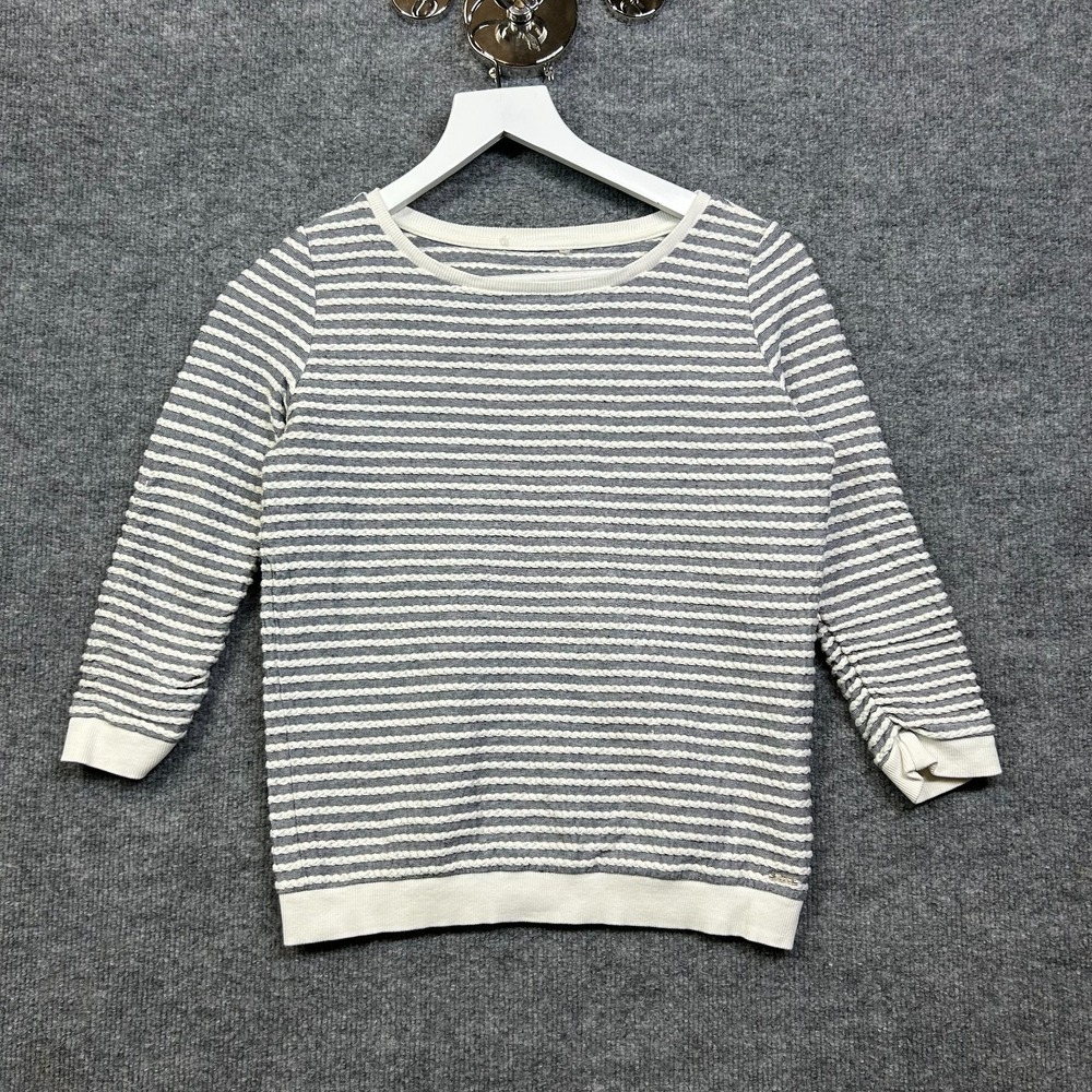 Tom Tailor Denim Sweater Womens Blue White Cable Textured Striped 3/4 Sleeve - S